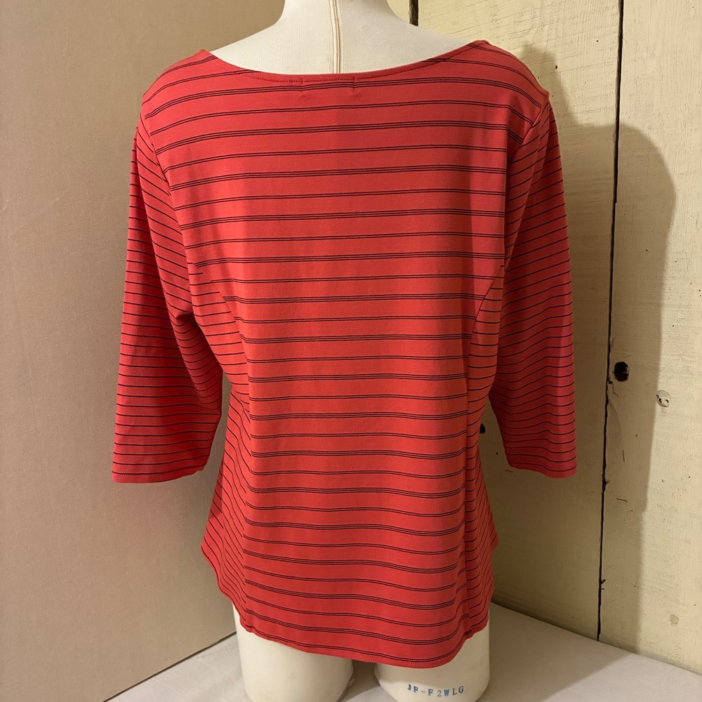 Habitat Womens L Coral Orange Black Striped 3/4 Sleeve Side Tie Top 57621 - Picture 9 of 9